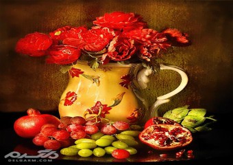 مدل نقاشی رنگ روغن گلدان و میوه