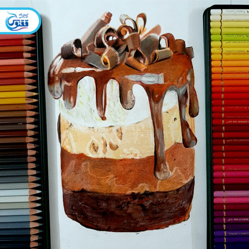 نمونه کار مداد رنگی کیک شکلاتی