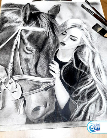نمونه کار سیاه قلم اسب و دختر